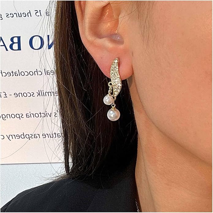 Vintage Crystal Pearl Drop Earrings Sparkly Leaf Earrings