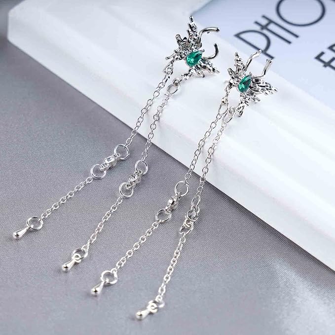 Vintage Emerald Butterfly Earrings Silver Chain Tassel Drop