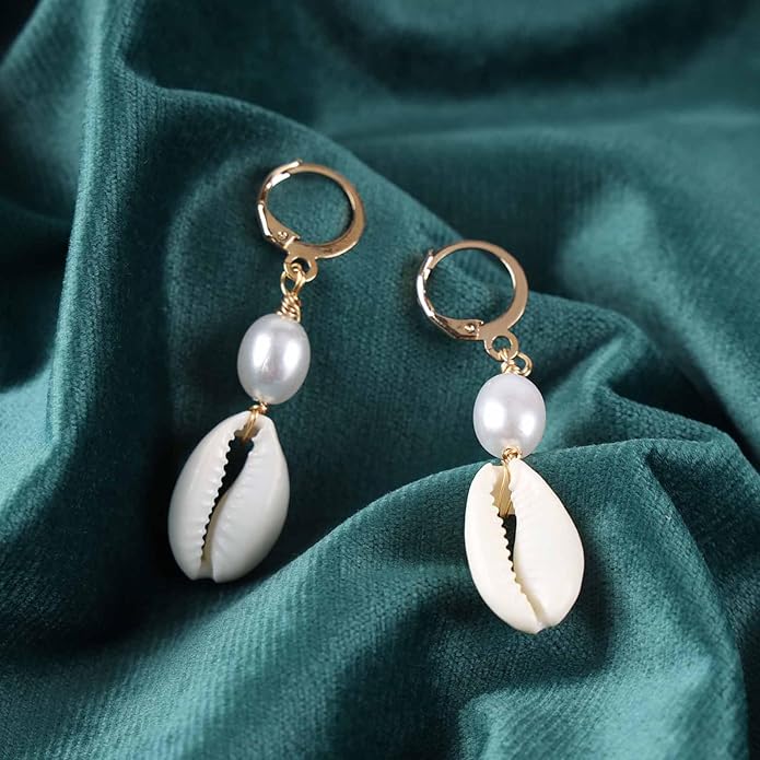 Boho Shell Drop Earrings Vintage Gold