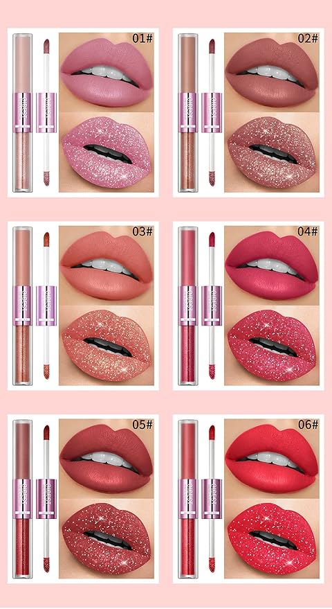 Double Head Lip Gloss Non Fading Lip Glaze Matte Mist Pearlescent Liquid Lipstick, 6-color suit