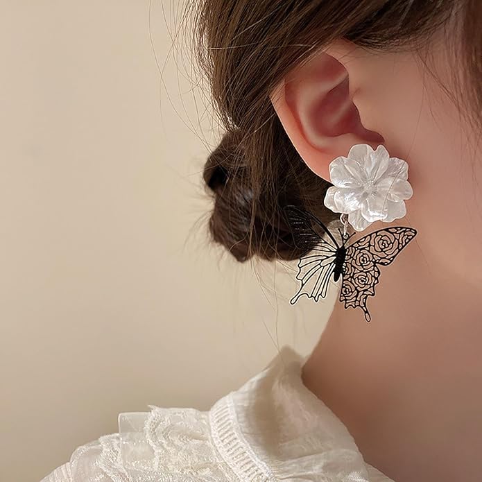 Vintage Black Butterfly Flower Drop Earrings