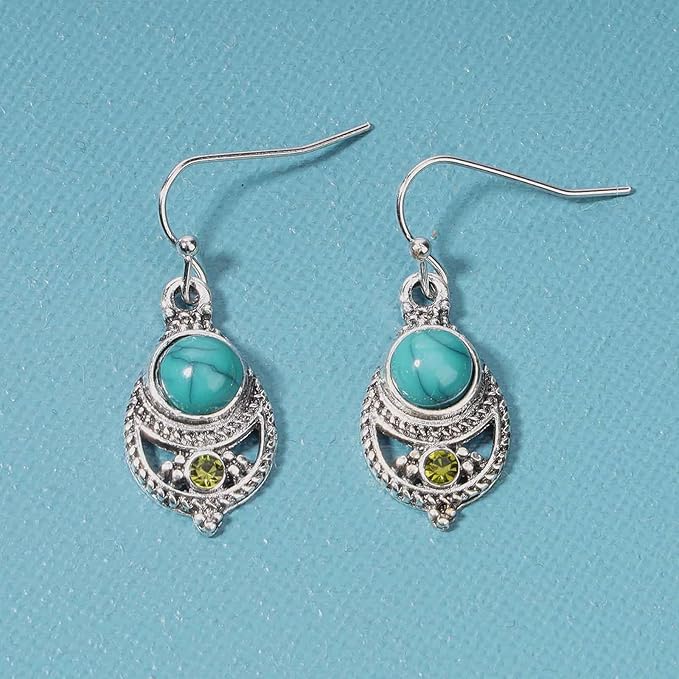 Boho Ethnic Turquoise Drop Earrings Silver