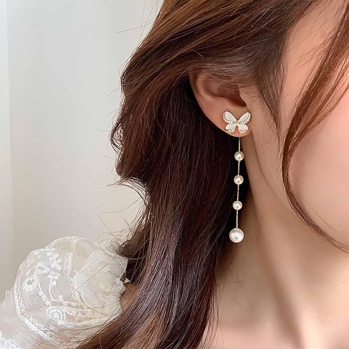 Vintage Butterfly Pearl Drop Earrings Gold