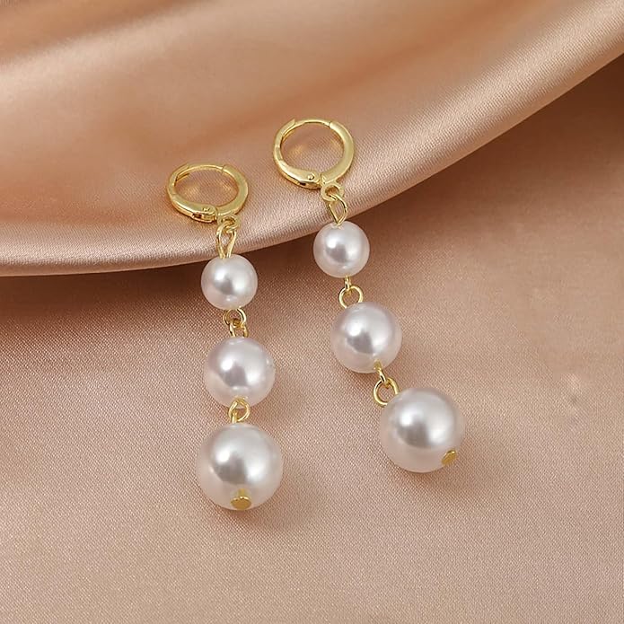 Vintage Pearl Drop Earrings Gold Long