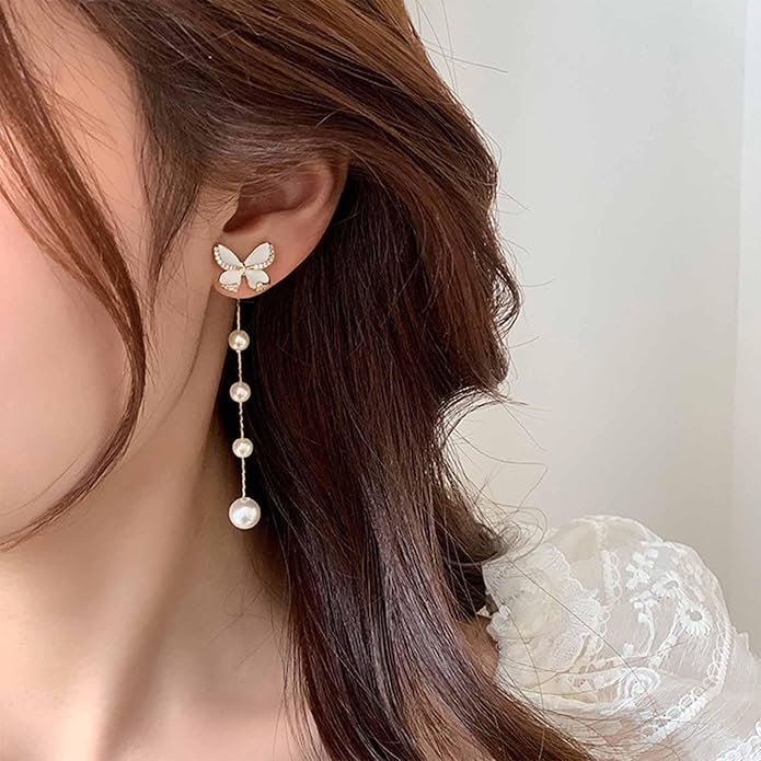 Vintage Crystal Butterfly Pearl Earrings Long