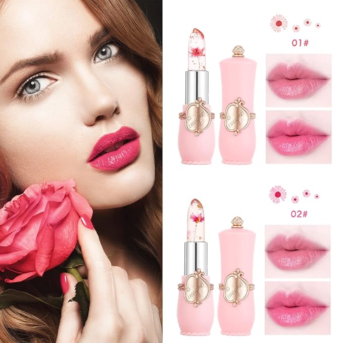 2 Pack Crystal Jelly Flower Lipstick,Magic Temperature Color Change Lip Gloss Lip Stick PH Clear Magic Lipstick Long Lasting Nutritious Moisturizing Lip Balm(Set C)