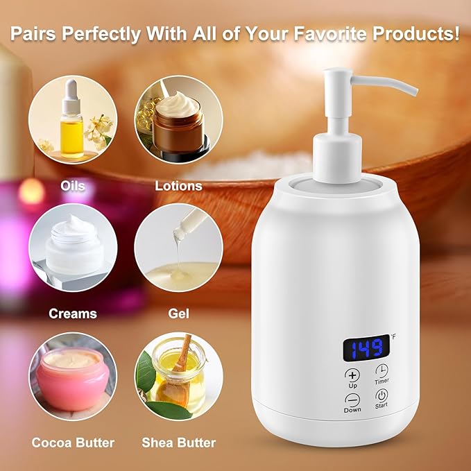 Massage Oil Heater Warmer,with ℃/℉ Switchable Display, Two Oil Dispenser Bottle,Constant Temperature,Body Oils Heater for Spa, Salon and Barber Shops,White