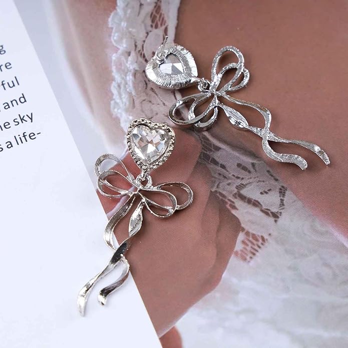 Vintage Crystal Bow Dangle Earrings Rhinestone