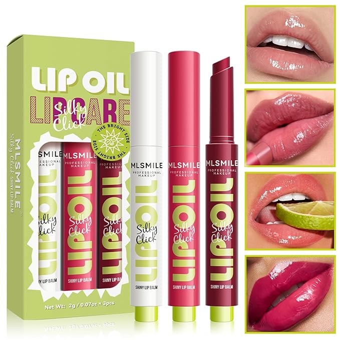 3 Colors Fat Lip Oil Slick Click Press Lipstick, Moisturizing Lip Balm Korean Shining Mirror Lip Gloss Nourishing Solid Lip Glaze, Plump Your Lips, High Pigmented Vegan Lip Oil Non-Sticky (A#)