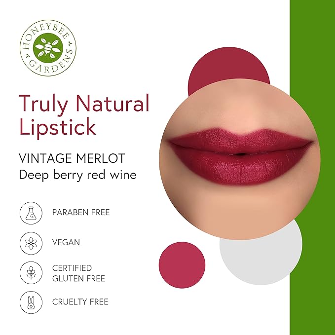 Honeybee Gardens Truly Natural Long Lasting Lipstick, Vintage Merlot, Deep Berry Red Wine, Naturally Hydrating & Nourishing, Vegan, Gluten-Free & Cruelty-Free, 0.13 oz / 3.8 g