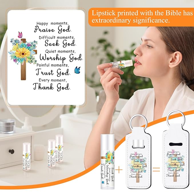 18 Sets Christian Inspiration Gift Lip Balm Bulk and Lipstick Holder Keychains Set Bible Verse Gift for Women Teacher Mom Church Favors(Happy Moments)
