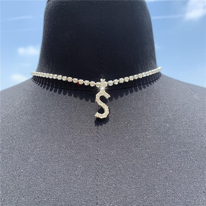 Silver Choker Necklace Rhinestones Shinning Letter