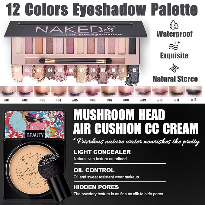 All in One Makeup Kit,Includes Naked Eyeshadow,Liquid Foundation,CC