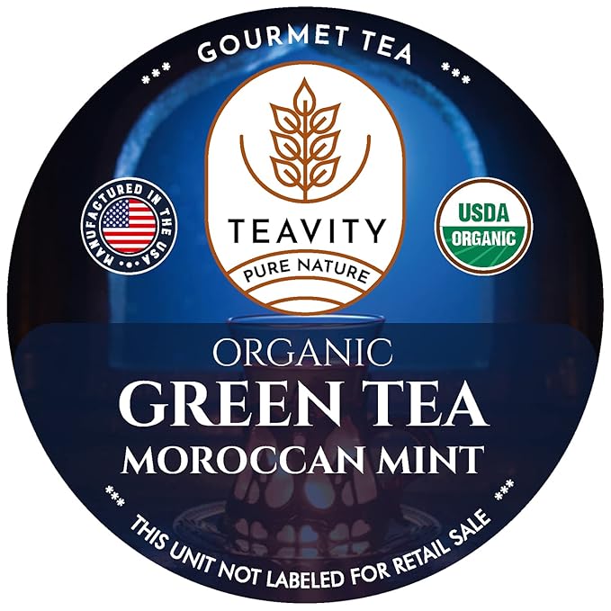 Organic Moroccan Mint Tea and Green Tea Pods for Keurig - Caffeinated Unsweet Tea for K Cup Brewing by Teavity (12 Tea Pods)