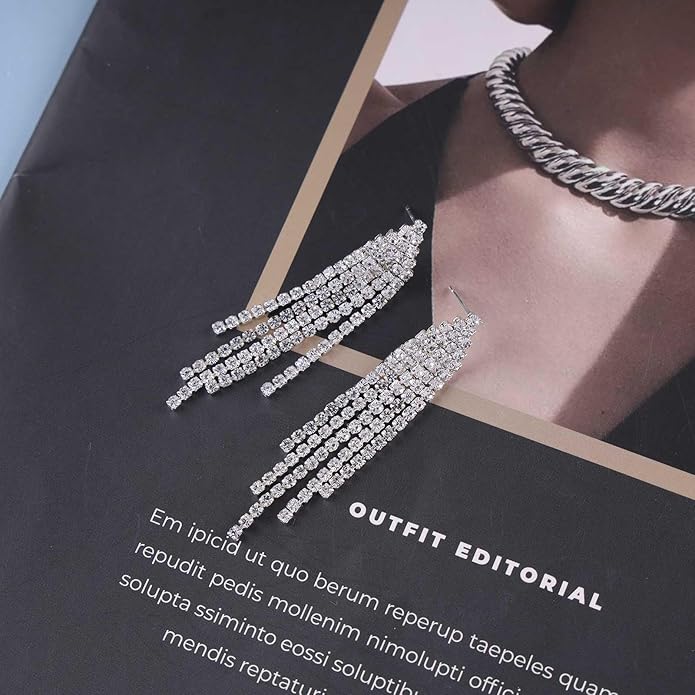 Vintage Rhinestone Chandelier Tassel Earrings Crystal Chain Drop