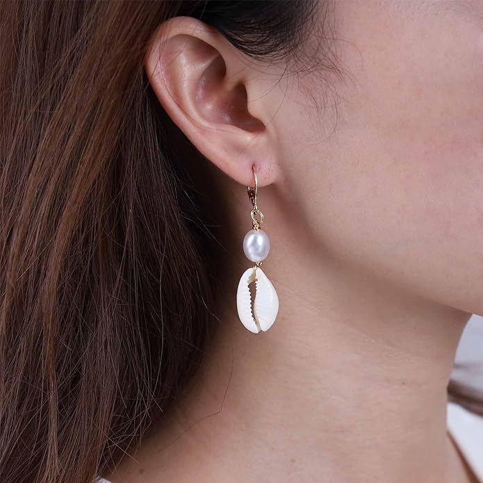 Boho Shell Drop Earrings Vintage Gold
