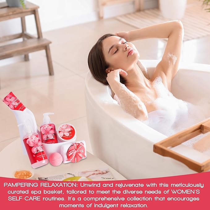 Draizee Mothers Day Gifts for Mom - 8 Pcs Luxury Cherry Blossom Scented Heel Shoe Design Bath and Body Spa Set-Self Care Package for Women - Spa Gift Baskets for Women, Presents for Mom, Body Care Set