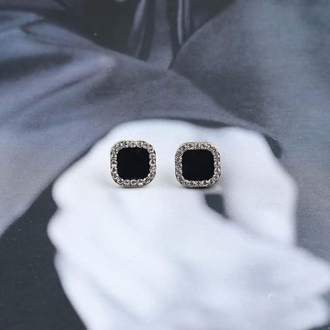Vintage Black Square Crystal Earrings Black Cz Stud