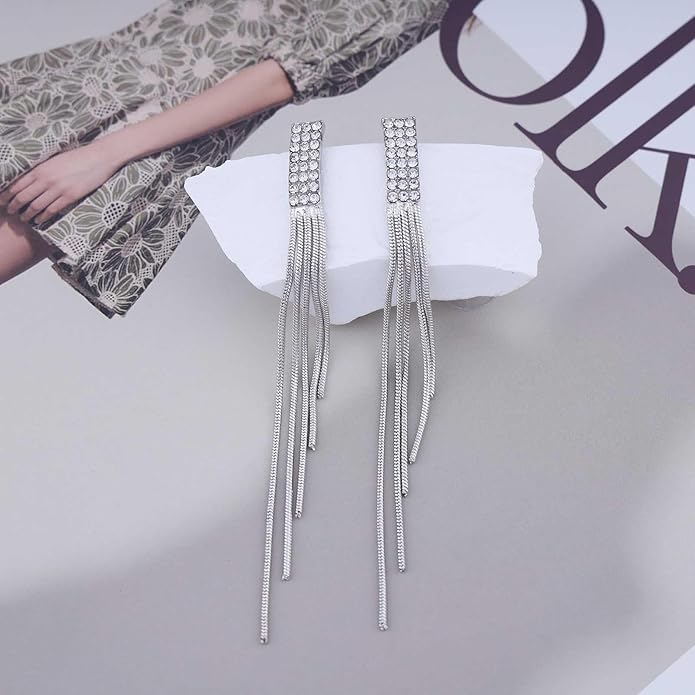 Vintage Rhinestone Dangle Earrings Gold Sleek Chain Drop