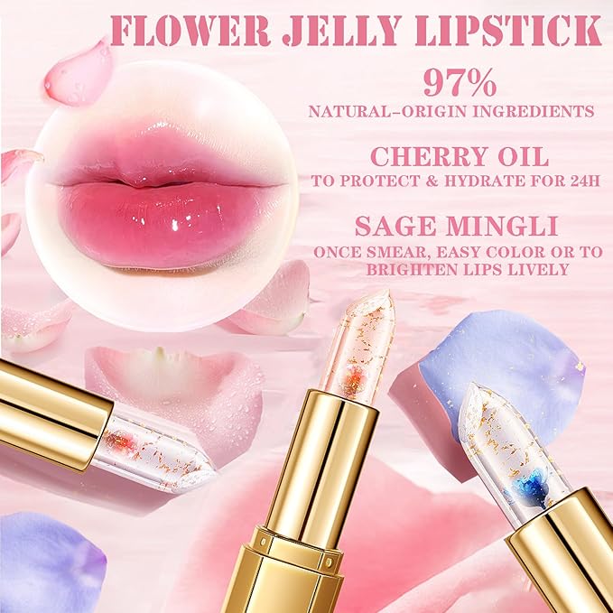 Pack of 3 Flower Jelly Lipstick Set Temperature Change Moisturizer Long Lasting Nutritious Balm Magic Color Change Lip Gloss
