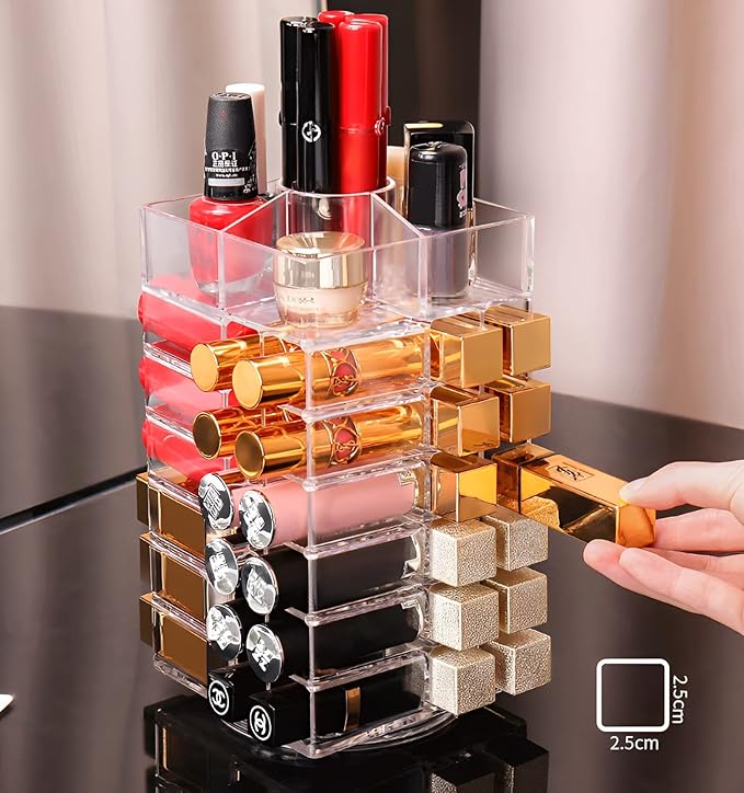 Sooyee Lipstick Organizer,53 Spaces 360 Degree Spinning Lipstick Holder,Acrylic Cosmetic Display Cases for Lipstick, Brushes, Bottles, and more,Clear