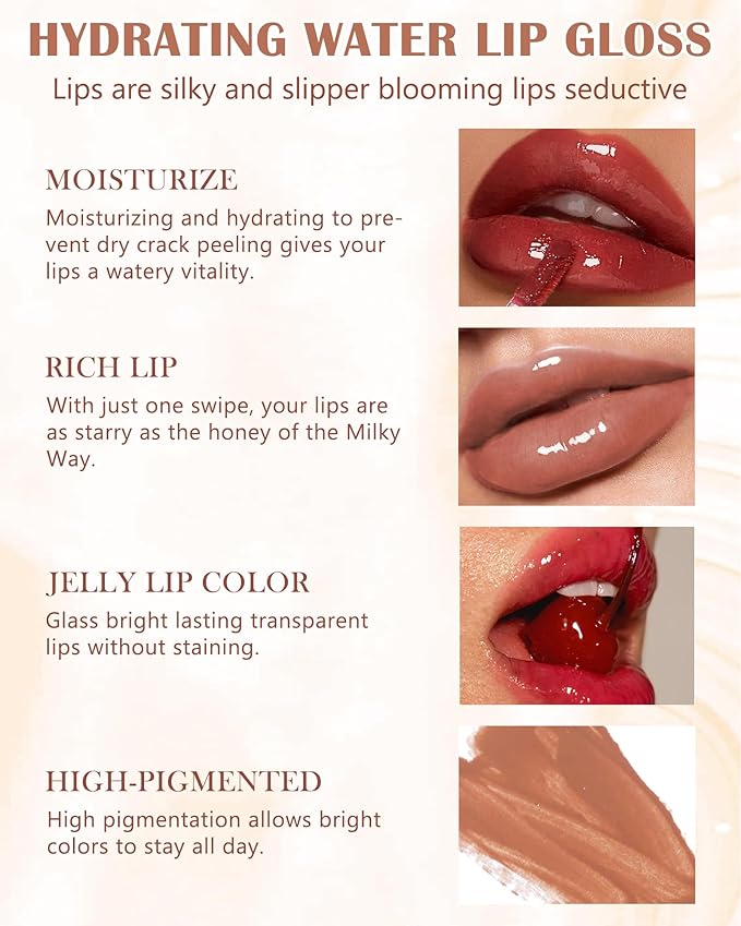 Hydrating Lip Tint Stain-3Pcs Tinted Plumping Lip Glow Oil, Moisturizing Water Lip Stain Makeup, Pigmented Non-Sticky Vegan Lip Gloss, Multi-Use Lip & Cheek Tint, Nude Glossy Finish,Cruelty Free-Set B