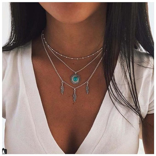 Boho Layered Feather Choker Necklace Turquoise Pendant Necklace