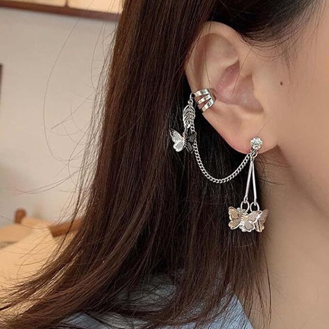 Silver Butterfly Chain Tassel Cuff Earrings