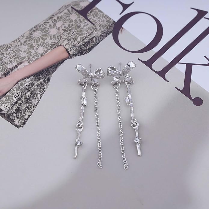 Vintage Bow Crystal Drop Earrings Silver