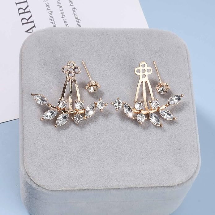 Boho Crystal Leaf Ear Jackets Earrings Gold Cz