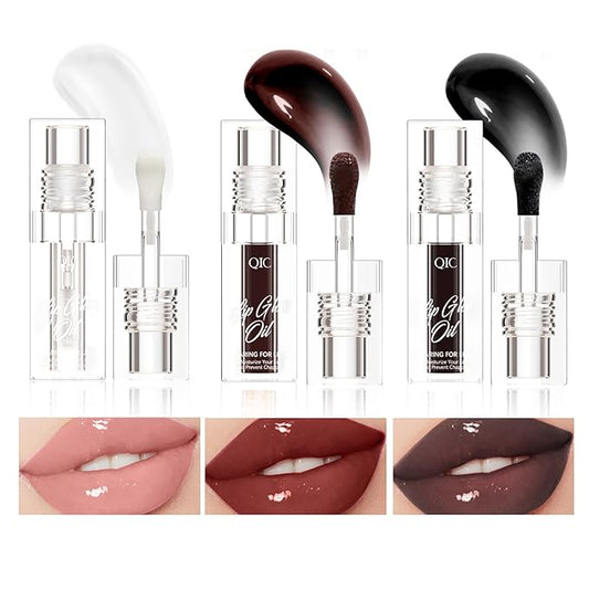 3 Colors Lip Plumping Gloss Waterproof Long-Lasting Moisturizing Velvety Lip Stain Clear/Black Cherry/Black Lip Oil Plumping Hydrating Liquid Lipstick Vegan Lip Makeup