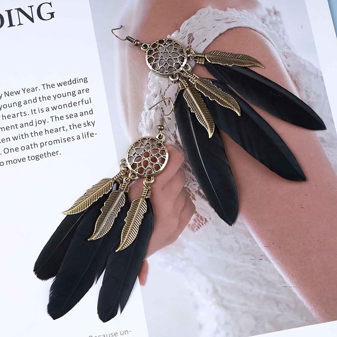 Boho Black Feather Dangle Earrings Long