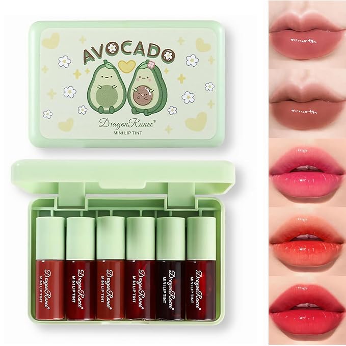 6 Colors Lip Tint Stain Set, Multi-Use Lip & Cheek Tint Korean Makeup Mini Liquid Lipstick, Avocado Moisturizing Lip Stain Lip Gloss