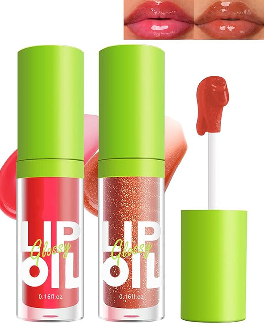 Fat Oil Lip Gloss-2Pcs Hydrating Lip Glow Oil Lipgloss, Tinted Clear Plumping lip Gloss, Shimmer Red Jelly Lip Glaze, Big Brush Head Lip Stain Oil, Long Lasting Non-sticky Vegan Makeup for Women-5+6