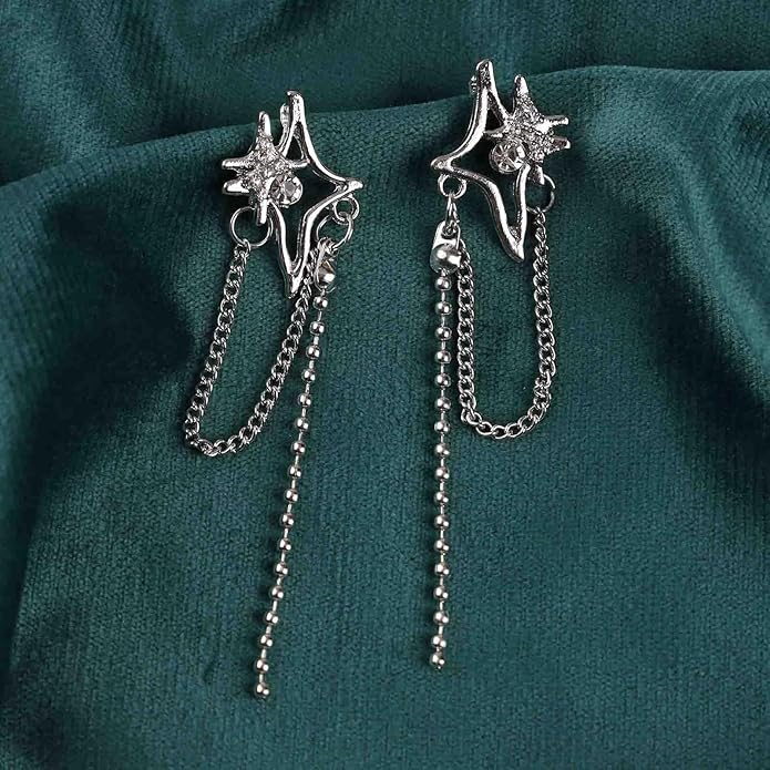 Vintage Crystal Northstar+Chain Drop Earrings Silver