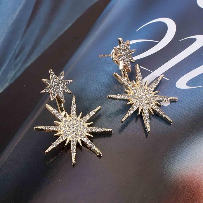 Starburst Jacket Earrings Gold Rhinestone Sun Earrings Front