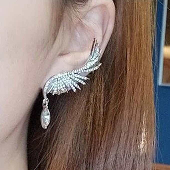 Boho Crystal Angel Wing Earrings Silver Rhinestone Wing
