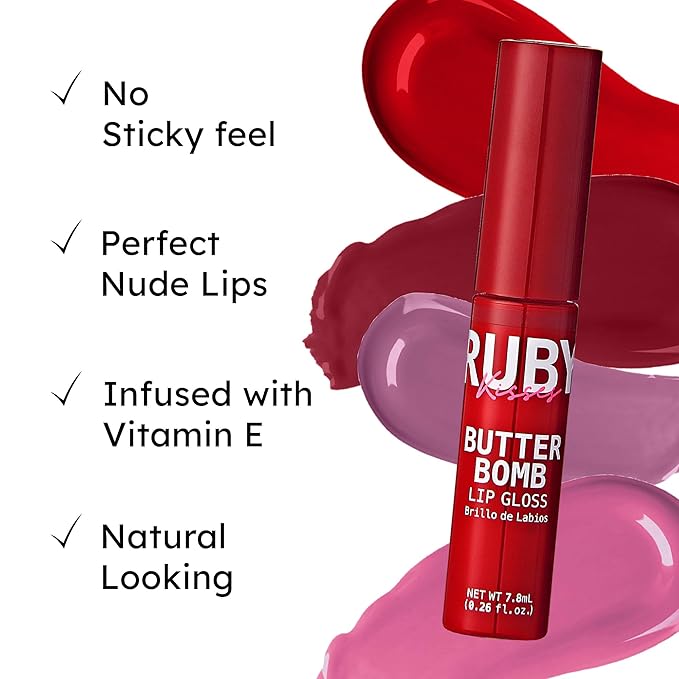 Ruby Kisses Lip Gloss Butter Bomb Gloss Non-Sticky Lip Gloss Vitamin E Natural Nude Lip Makeup - 7.8mL (0.26 US fl.oz) (Cold Blooded)
