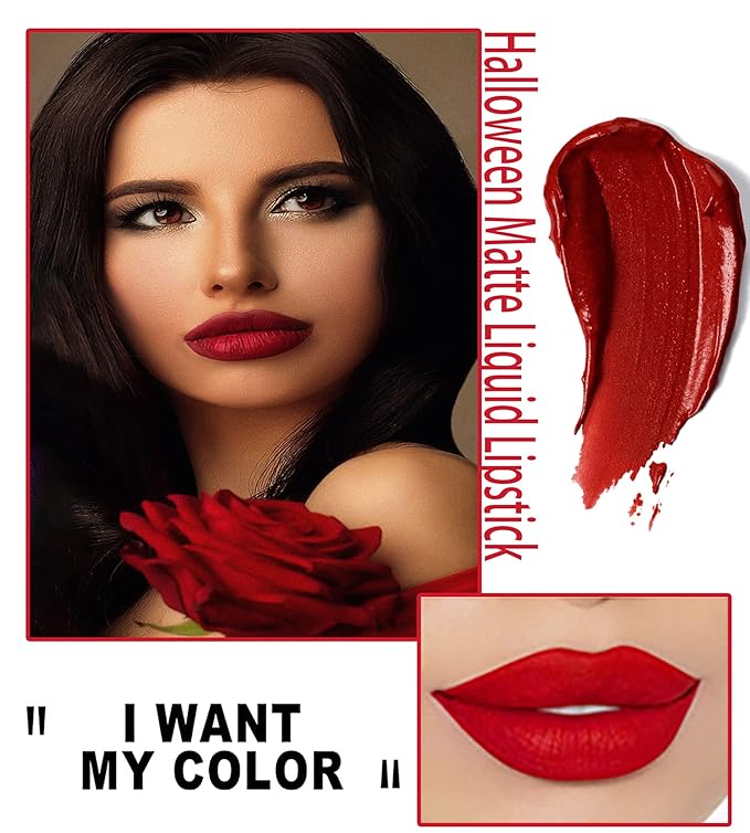 Halloween Dark Matte Liquid Lipstick for Women, Long Lasting Waterproof Lip Gloss, Face Body Painting, Vivid Vampire Lip Stain for Masquerade, Party Goth Makeup, Cosplay (#02 Red)