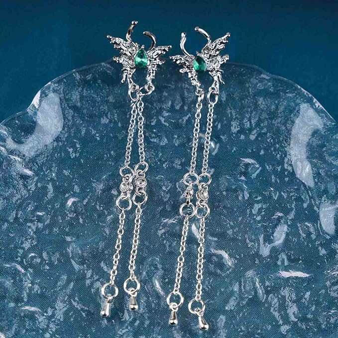 Vintage Emerald Butterfly Earrings Silver Chain Tassel Drop