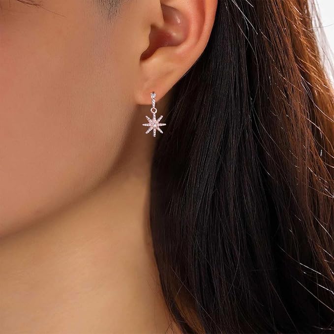 Boho Crystal Sunburst Earrings Rose Gold Star Drop