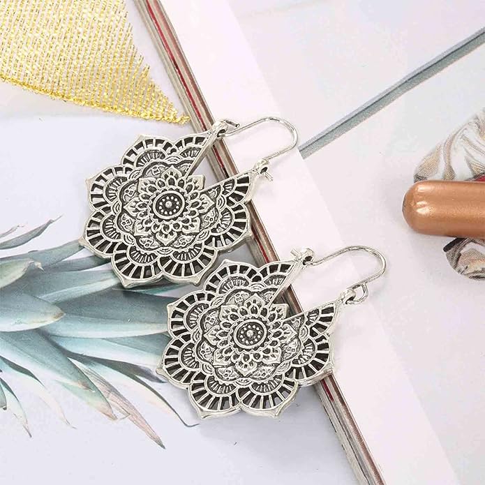 Boho Mandala Flower Earrings Gold Drop