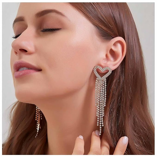 Boho Rhinestone Heart Tassel Earrings Long