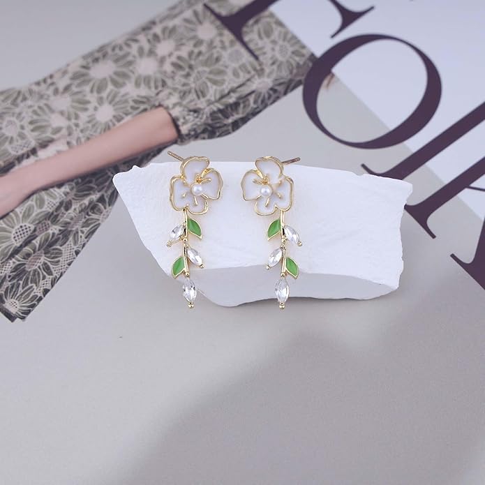 Vintage Pearl Flower Earrings Crystal Leaf
