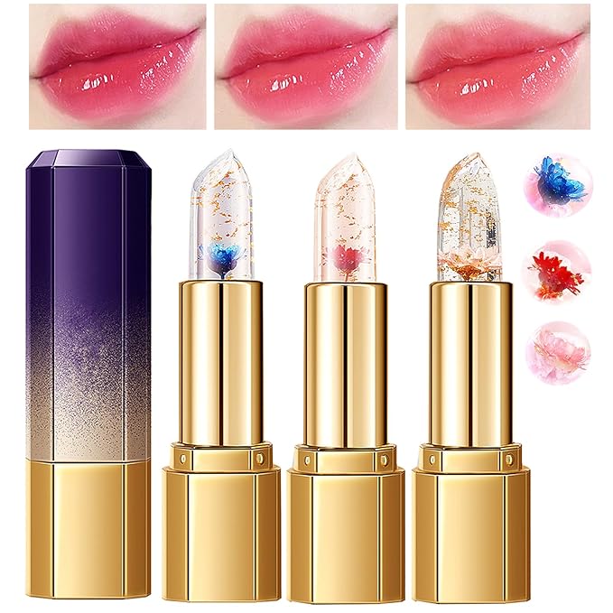 Pack of 3 Flower Jelly Lipstick Set Temperature Change Moisturizer Long Lasting Nutritious Balm Magic Color Change Lip Gloss