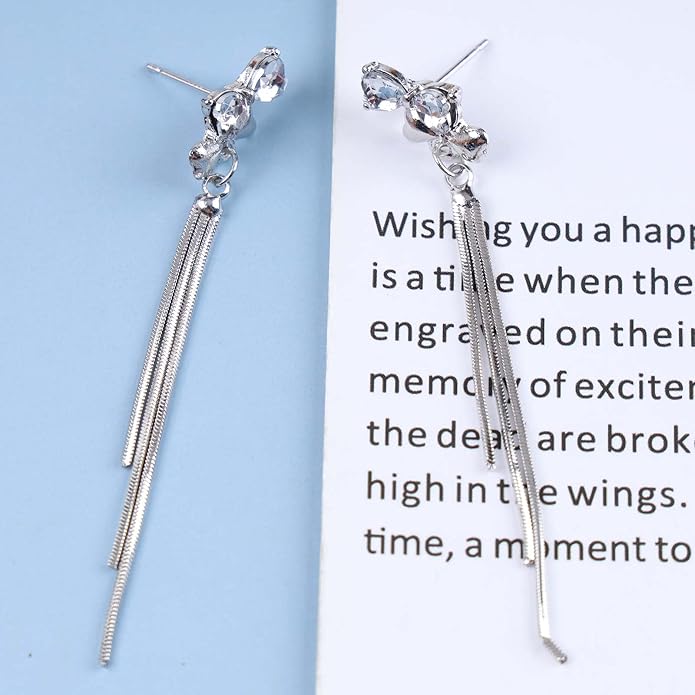 Vintage Crystal Bow Chain Drop Earrings Rhinestone Heart