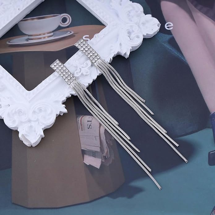 Vintage Rhinestone Dangle Earrings Gold Sleek Chain Drop