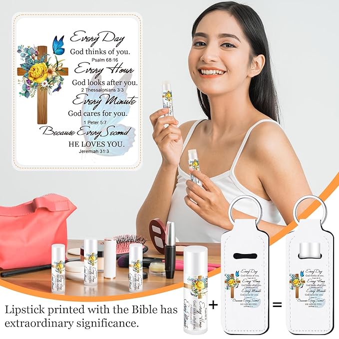 18 Sets Christian Inspiration Gift Lip Balm Bulk and Lipstick Holder Keychains Set Bible Verse Gift for Women Teacher Mom Church Favors(Everyday)