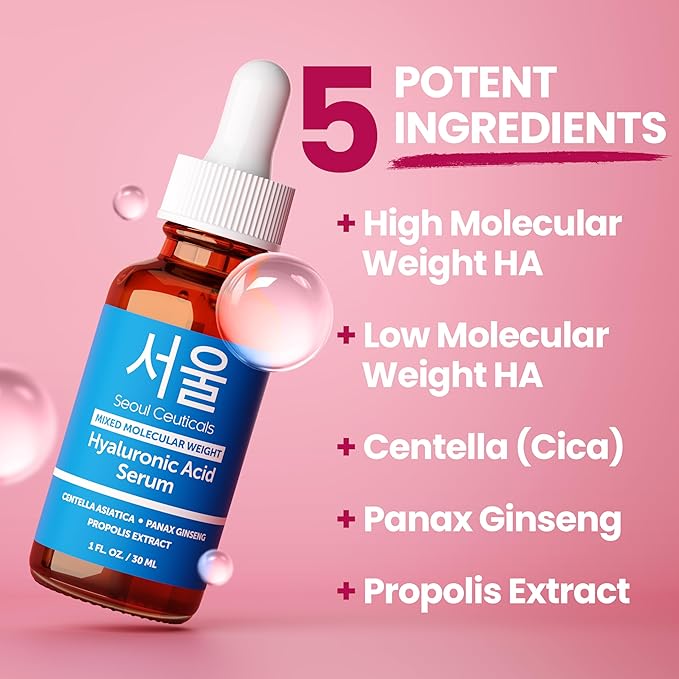 SeoulCeuticals Korean Hyaluronic Acid Serum For Face - High Molecular Weight & Low Molecular Weight Hyaluronic Acid - Centella Serum + Propolis. 1oz