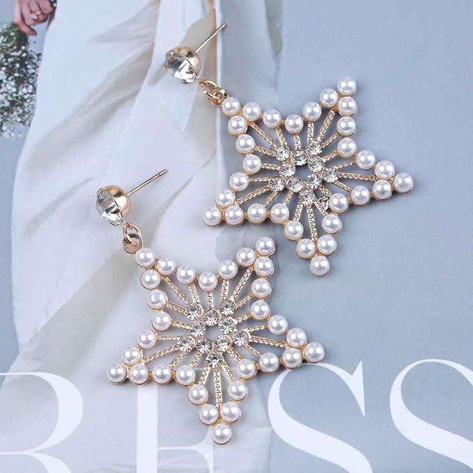 Vintage Pearl Star Drop Earrings Crystal